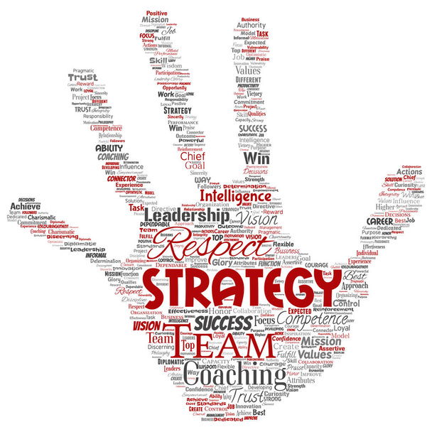 Vector conceptuele-bedrijfsstrategie leiderschap, management waarde hand print stempel word cloud geïsoleerd achtergrond. Collage van succes, prestatie, verantwoordelijkheid, intelligentie autoriteit of deskundigheid - Vector, afbeelding