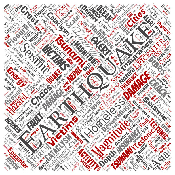 Vector conceptual earthquake activity square red word cloud isolated background. Collage of natural seismic tectonic crust tremble, violent tsunami waves risk, tectonic plates shifting concept design - Vector, Image