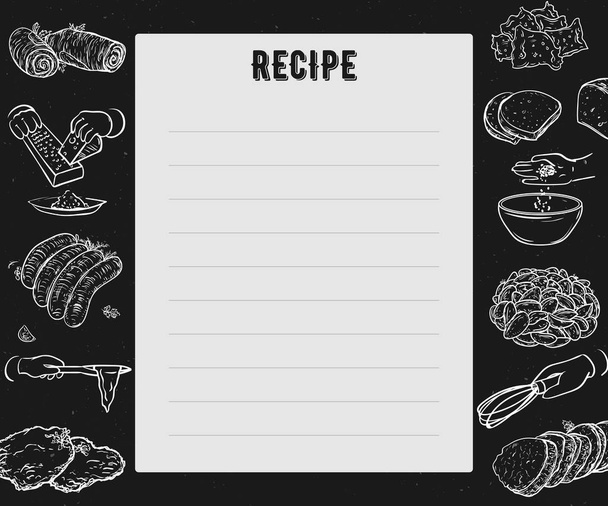Receptkaart. Kookboek pagina. Ontwerpsjabloon met handen voorbereiden van maaltijden, keukengerei en uitrustingsstukken. Vectorillustratie in schets stijl  - Vector, afbeelding