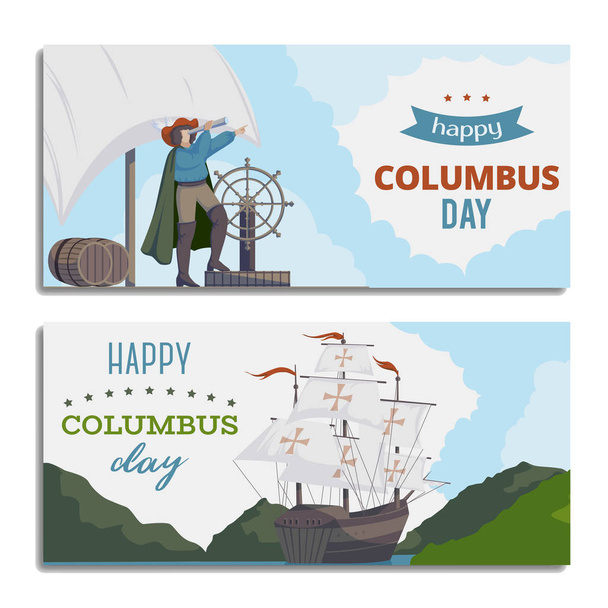 Happy Columbus day.  Greeting card with ship, landscape and seaman with telescope. Horizontal banners for national day. Vector illustration  - Vector, Image