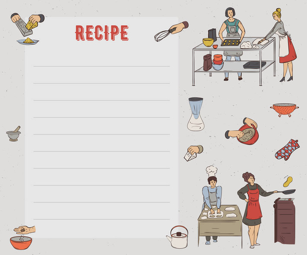 レシピ カード。料理ページ。人々 の食事、台所用品、家電の準備とデザイン テンプレートです。レストラン、カフェ、パン屋、ファーストフードの設定します。スケッチ スタイルのベクトル図  - ベクター画像