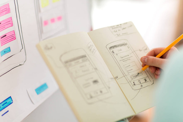 ui designer with user interface sketch in notebook - Foto, Bild
