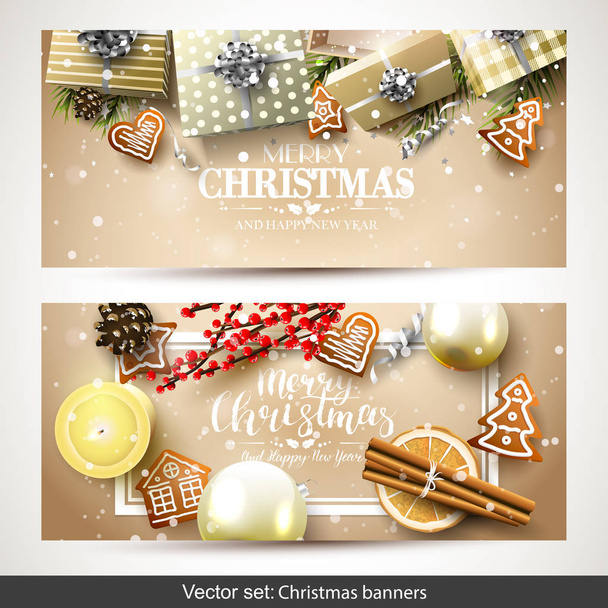 Vector set of two Christmas banners with gold gift boxes, branches and baubles on gold background - Vektör, Görsel