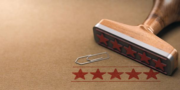 fünf Sterne Bewertungsetikett über braunem Papierhintergrund. Kundenbewertungskonzept. 3D-Illustration - Foto, Bild