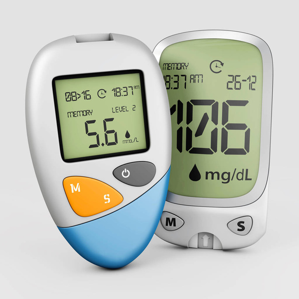realistyczne krwi glukometrem miernik glukozy, cukrzycy poziom glukozy we krwi test na białym tle ilustracja 3d. - Zdjęcie, obraz