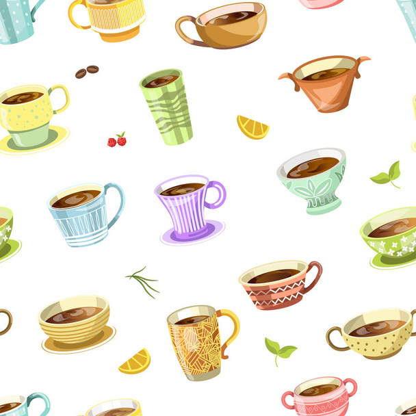 Coffee or tea poured in cup seamless pattern - Vetor, Imagem