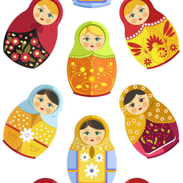 Russian nesting doll, traditional wooden souvenir from Russia seamless pattern - Вектор, зображення