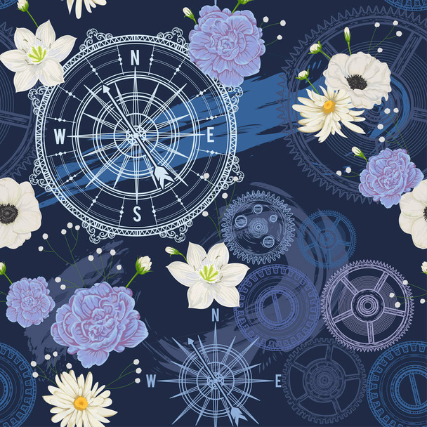 Бесшовный рисунок с винтажным компасом, розой ветра, шестернями, мазками кисти и цветами. Путешествия, приключения и открытия. Морской фон. Векторная иллюстрация
  - Вектор,изображение