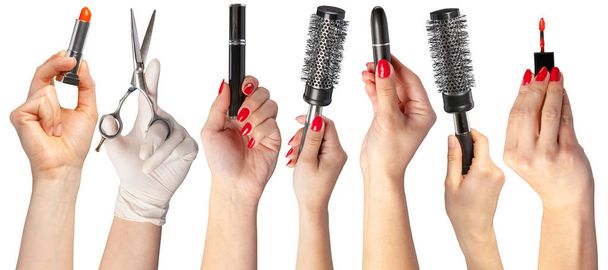 many hands with make up items isolated on white background  - Foto, immagini