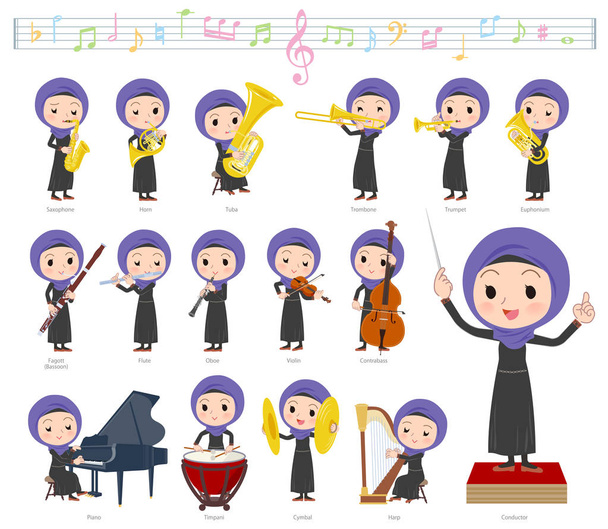 eine Reihe von Frauen, die Hijab bei klassischen Musikaufführungen tragen. Es gibt Aktionen, um verschiedene Instrumente wie Streichinstrumente und Blasinstrumente zu spielen. Es ist Vektorkunst, so dass es einfach zu bearbeiten ist. - Vektor, Bild
