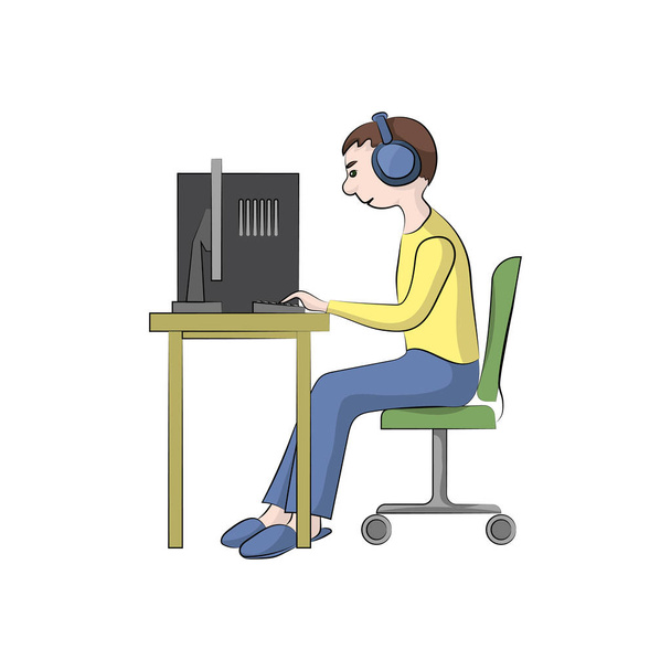 The guy, boy (man) with headphones is sitting at the computer. Vector color illustration. - Vector, Imagen