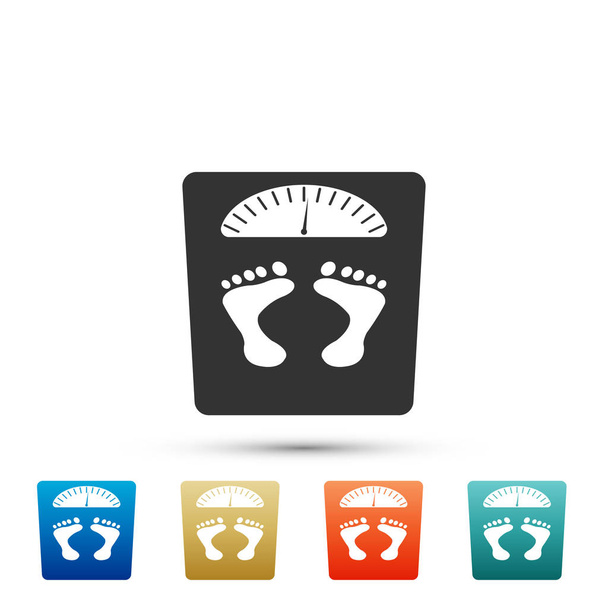 Bathroom scales with footprints icon isolated on white background. Weight measure Equipment. Weight Scale fitness sport concept. Set elements in colored icons. Flat design. Vector Illustration - Vector, Image