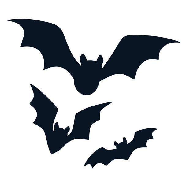 Halloween zwarte vleermuizen vliegen silhouetten geïsoleerd op wit. Eenvoudige vleermuis pictogram vector cartoon illustratie. Val, Halloween. element van het ontwerp van wilde dieren. - Vector, afbeelding