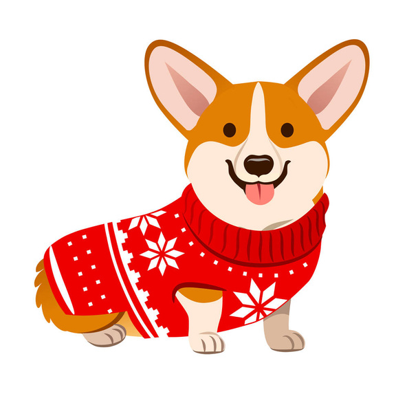 Corgi dog wearing a Christmas red sweater with Nordic snowflake pattern vector cartoon illustration isolated on white. Funny humorous Christmas, pet lover, pet clothes theme design element. - Vector, Image