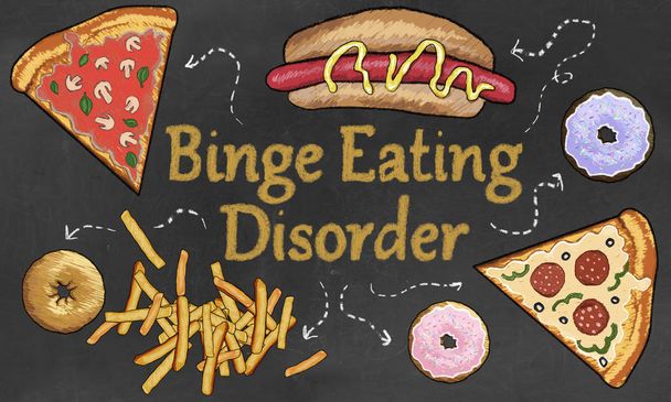 Запою розлади харчової поведінки, ілюстровані Junk Food, такі як піца, Французька картопля і хот-дог - Фото, зображення