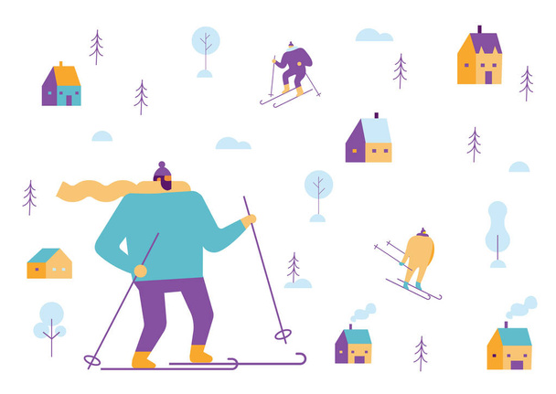 冬の人のパターン。スキー、そり。フラットのベクトル図. - ベクター画像