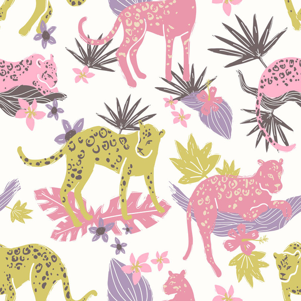Seamless pattern with jaguars and jungle plants, leaves and flowers. Staying, sleeping. Tropic wild animals and plants in folk naive style. Bright colors - Vector, afbeelding