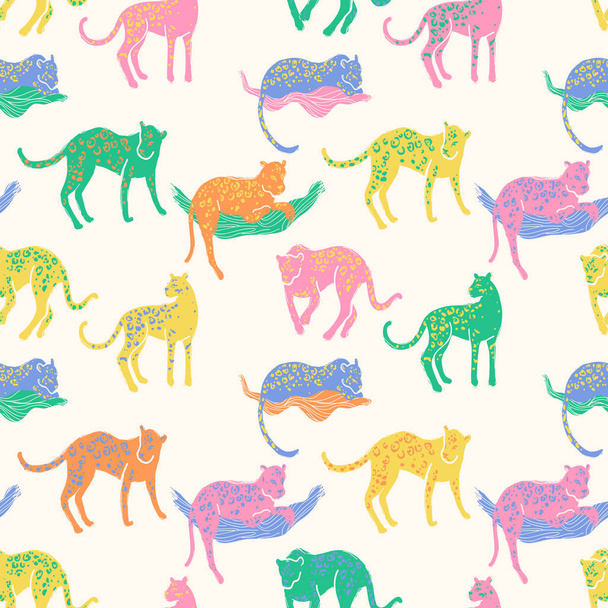 Colourful seamless pattern with jaguars - Going, staying, sleeping wild animals in folk naive style. Bright colors. - ベクター画像