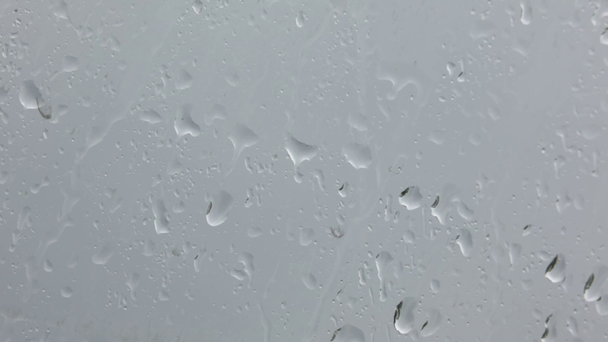 γκρο πλαν πλάνα από σταγονίδια νερού στο γυάλινο παράθυρο με θολή φόντο - Πλάνα, βίντεο