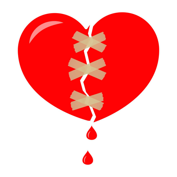 Corazón rojo roto envuelto con cinta adhesiva. Una gota de sangre. Ilustración vectorial aislada sobre fondo claro
. - Vector, imagen