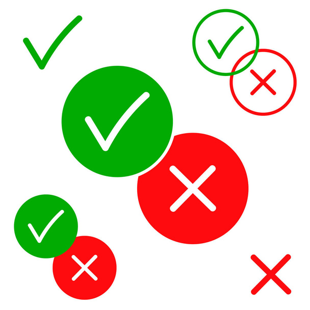 Ano i ne, pozitivní a negativní vektorové ikony izolovaných na bílém pozadí obrázku. Zelené a červené barvy pro váš design. - Vektor, obrázek