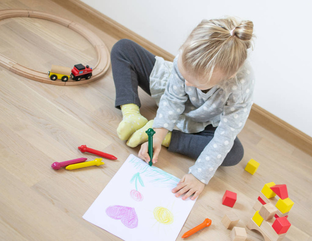 Caucasian Girl Painting Colorful Pencil at Home Early Education Preparing for School Preschool Development Children Game - Photo, Image