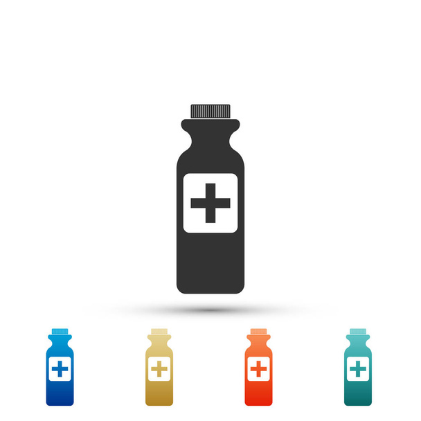 Μπουκάλι με χάπια ιατρικά εικονίδιο που απομονώνονται σε λευκό φόντο. Δισκία σύμβολο. Φροντίδα υγείας. Ορίστε στοιχεία σε χρωματιστές εικόνες. Επίπεδη σχεδίαση. Εικονογράφηση διάνυσμα - Διάνυσμα, εικόνα