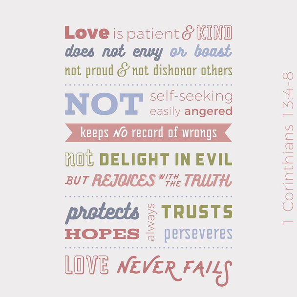 Frase bíblica de 1 corintios 13: 8, el amor nunca falla, diseño de tipografía para usar como póster de impresión, volante o camiseta
  - Vector, Imagen