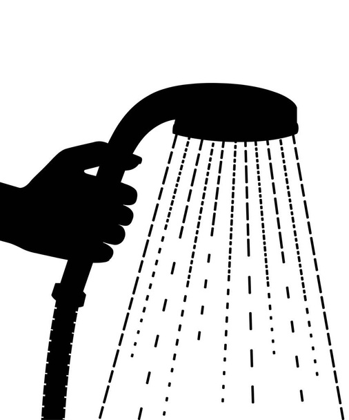 Black silhouette. Hand hold shower head. Water drops. Flat vector illustration isolated on white background. - Vector, Image