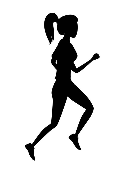 Fekete sziluettje. Női sportruházat futó. Szembenéz karikatúra karakter design. Lapos vektoros illusztráció elszigetelt fehér background. - Vektor, kép