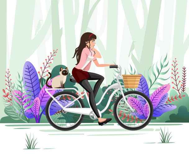Belles femmes à vélo. Chat assis sur le vélo. Conception de personnage de bande dessinée. Illustration vectorielle plate sur fond de paysage forestier
. - Vecteur, image