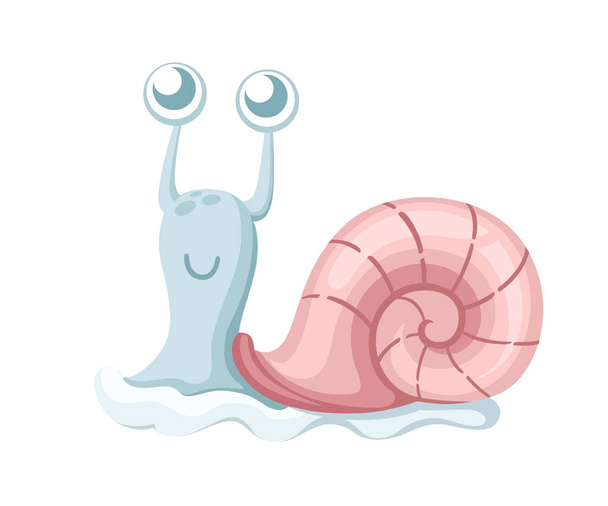 Cute sea snail. Cartoon character design. Blue snail with pink shell. Flat vector illustration isolated on white background. - Vector, Image
