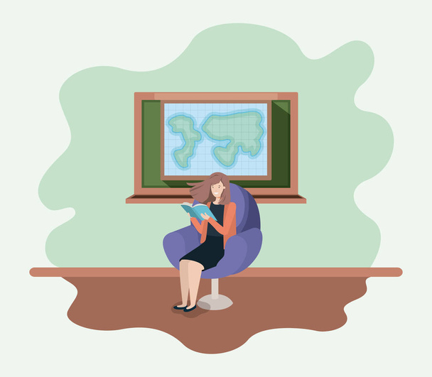 класс с учительницей, читающей книгу на диване
 - Вектор,изображение