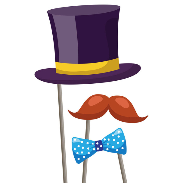 Hat and mustache carnival costume party. Accessories for festival and party. Vector illustration isolated on a white background - Vektor, obrázek