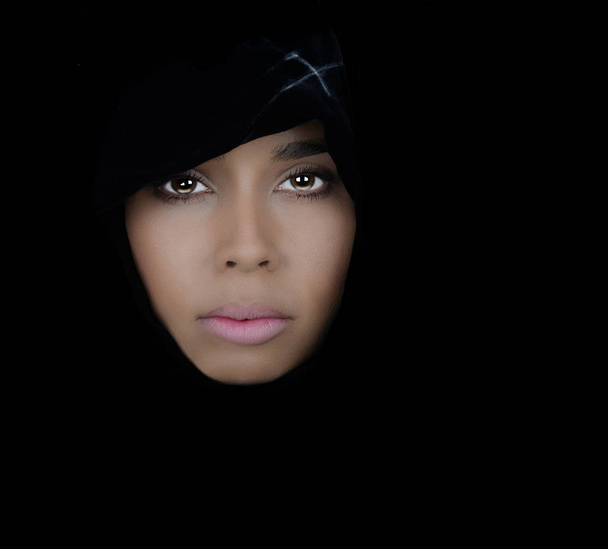 Very Beautiful woman On Black with Black Scarf - Zdjęcie, obraz
