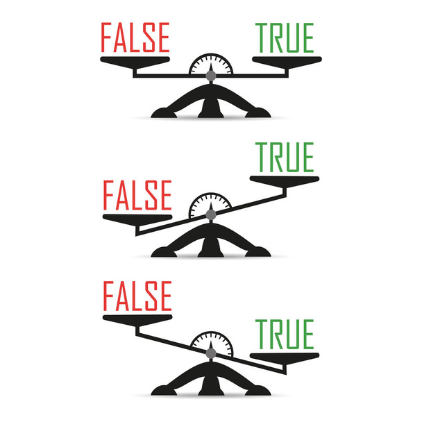 スケール、天秤座。True または false を選択するという概念。白い背景に分離されたフラット スタイル ベクトル図. - ベクター画像