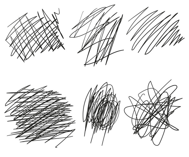 Conjunto de ángulos dibujados vector, líneas, círculos, elipses de bosquejo Doodle. Forma abstracta de Doodle de línea negra. Vector enredado círculo caótico Doodle. Nudo de enredo de rosca aislado sobre fondo claro
. - Vector, Imagen