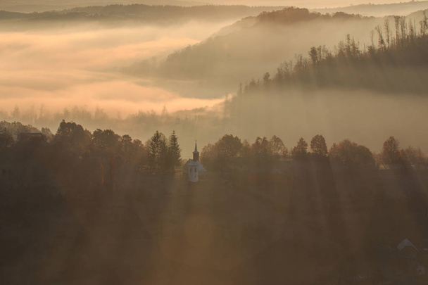 Europe, Transylvania, Romania, Maramures County, Dobricu Lapusului and Targu Lapus, territorial view. sunrise. hillside and valley. - Photo, Image