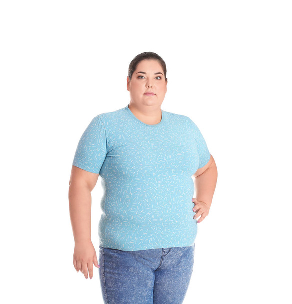 Overweight woman before weight loss on white background - Zdjęcie, obraz