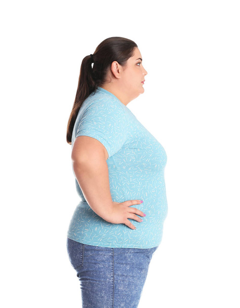 Overweight woman before weight loss on white background - Foto, imagen