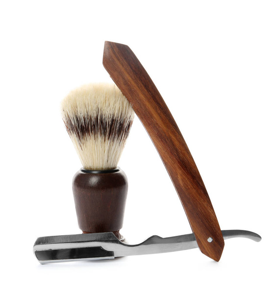 Shaving brush and razor for men on white background - Zdjęcie, obraz