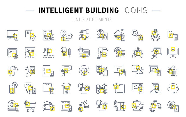 Sada vektorové linky ikony a symboly s žluté čtverečky inteligentní budovy pro vynikající koncepce. Sbírka grafiky loga a piktogramy. - Vektor, obrázek
