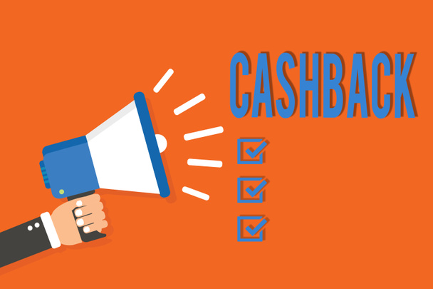 Word writing text Cashback. Business concept for incentive offered to buyers certain products whereby receive cash Man holding megaphone loudspeaker orange background message speaking loud. - Photo, Image