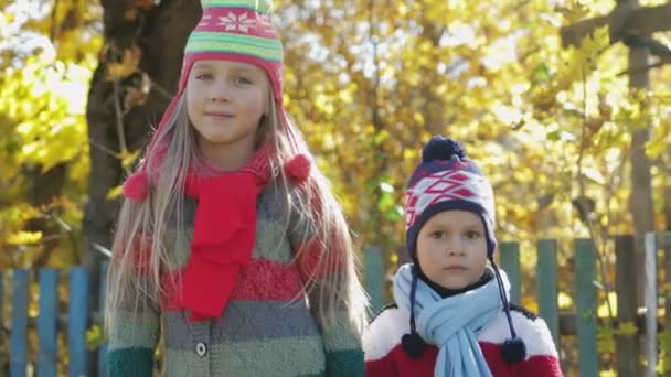 Portret van landelijke kinderen, broer en zus op geel loof achtergrond - Video