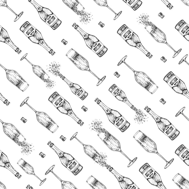 Seamless pattern with hand drawing champagne bottle, champagne glass and cork - Vector, Imagen