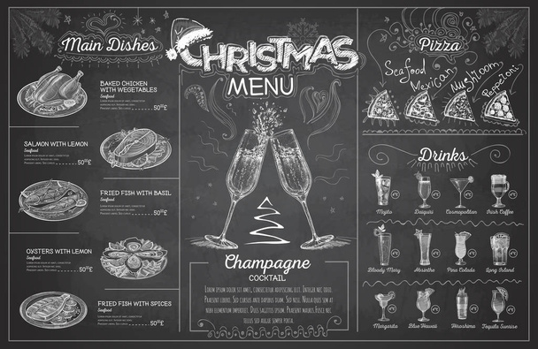 Vintage křídou nakreslený vánoční menu design s šampaňským. Menu restaurace - Vektor, obrázek