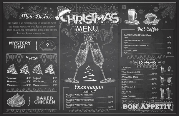 Винтажный мелом рисование рождественского меню дизайн с шампанским. Меню ресторана
 - Вектор,изображение
