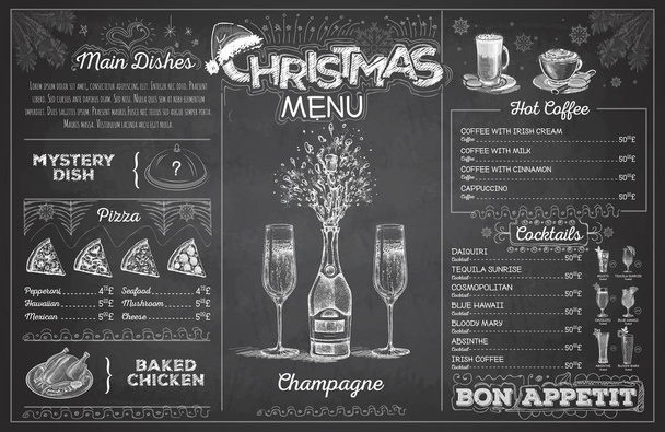 Vintage krijt tekening Kerstmenu ontwerpen met champagne. Restaurant menu - Vector, afbeelding