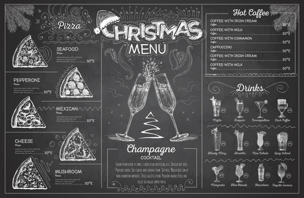 Vintage krijt tekening Kerstmenu ontwerpen met champagne. Restaurant menu - Vector, afbeelding