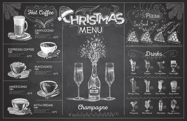 Vintage Kreide Zeichnung Weihnachtsmenü Design mit Champagner. Speisekarte - Vektor, Bild